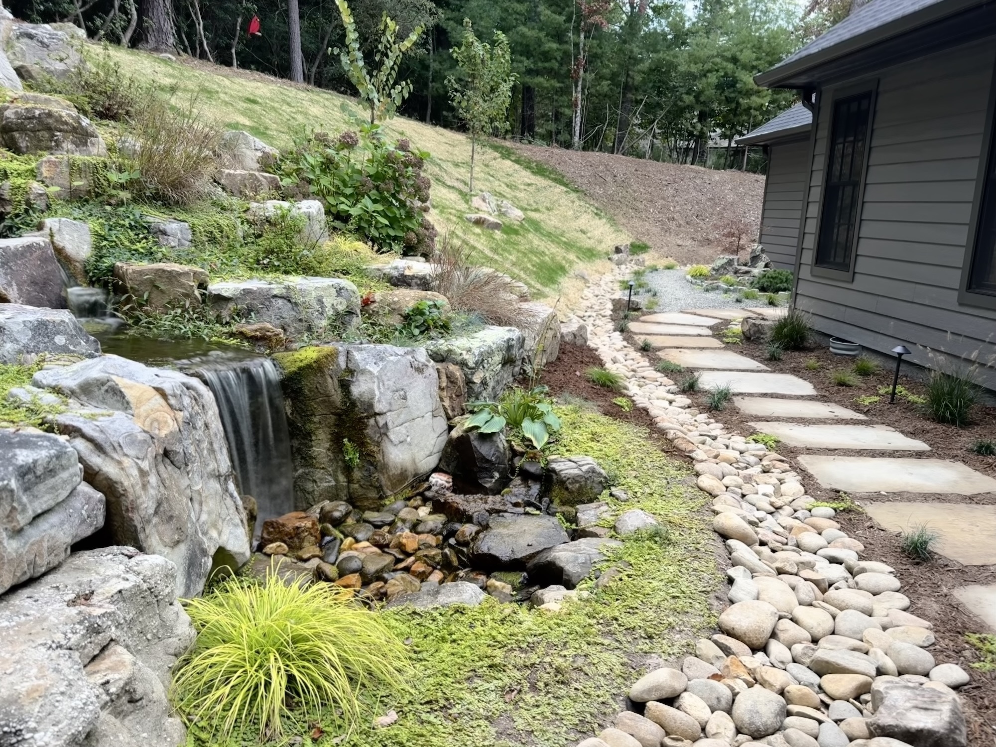 Flagstone Patio with Pondless Waterfall and Japanese Garden in ...